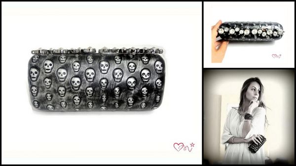 Clutch caveirinhas grafite com Strass